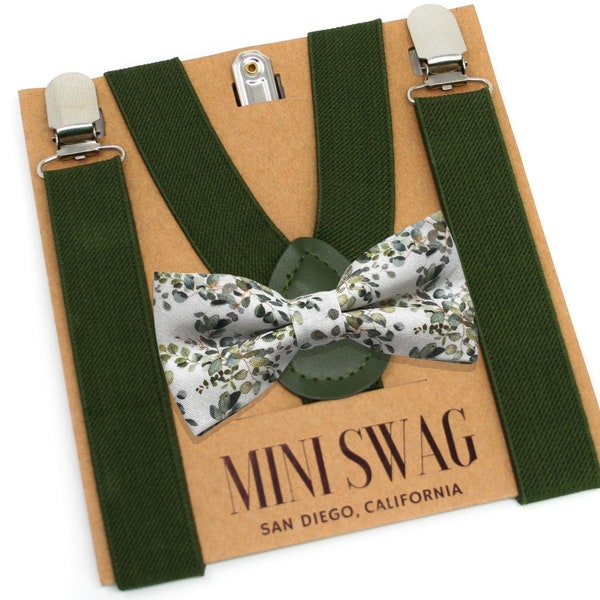 Eucalyptus Bow Tie & Olive Green Suspenders Set -- PERFECT for Ring Bearer Outfit, Page Boy, Groomsmen, Wedding, Necktie, Agave, Fern, Moss