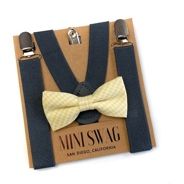 Yellow Gingham Bow Tie and Dark Gray Suspenders --- Perfect for Boys Cake Smash Outfit, Ring Bearer, 1st Birthday, Toddler, Baby