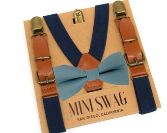 Sea Glass Bow Tie and Navy Leather Suspenders -- PERFECT for Ring Bearer Outfit, Cake Smash, Wedding, Birdy Grey Seaglass, Deep Sea