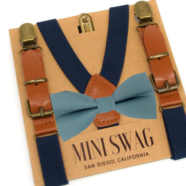 Sea Glass Bow Tie and Navy Leather Suspenders -- PERFECT for Ring Bearer Outfit, Cake Smash, Wedding, Birdy Grey Seaglass, Deep Sea