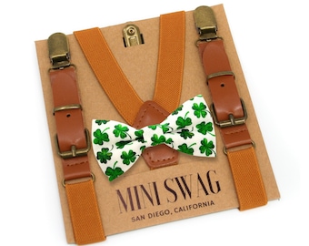 Green Shamrock Bow Tie and Camel Leather Suspenders -- PERFECT for St Patrick's Day Outfit, 1st Birthday, Cake Smash, Baby - Adult