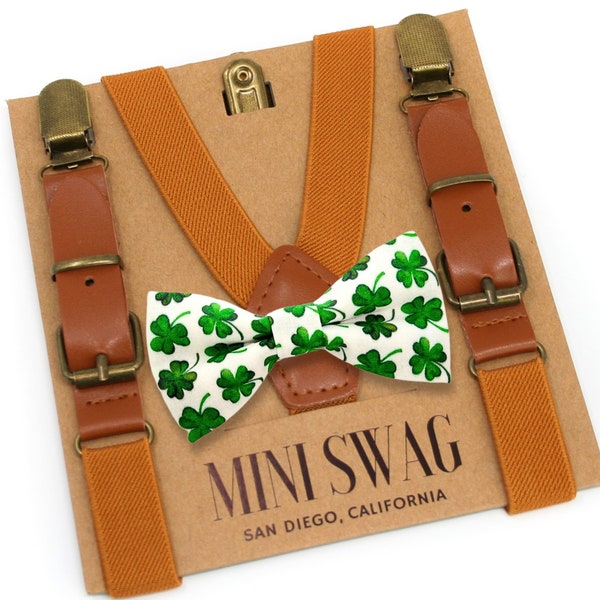 Green Shamrock Bow Tie and Camel Leather Suspenders -- PERFECT for St Patrick's Day Outfit, 1st Birthday, Cake Smash, Baby - Adult