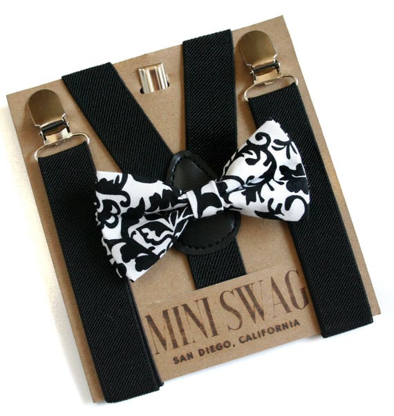 Black And White Damask Bow Tie With Black Suspenders Perfect Etsy
