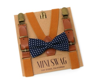 Navy Polka Dot Bow Tie and Leather Suspenders--PERFECT for Ring Bearer Boy, Cake Smash Outfit, 1st Birthday Outfit,Boys Wedding,Navy Bow tie