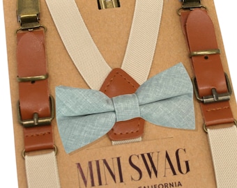 Dusty Sage Bow Tie & Khaki Buckle Suspenders - PERFECTO para portadores de anillos, padrinos de boda, trajes de boda, Cake Smash, Davids Bridal, Azazie Agave