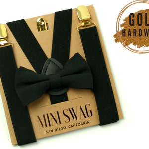 Black Bow Tie and Suspenders Set with GOLD Clips --- BABY - ADULT Sizes, Perfect for Ring Bearer or Page Boy Outfit, Cake Smash, Wedding