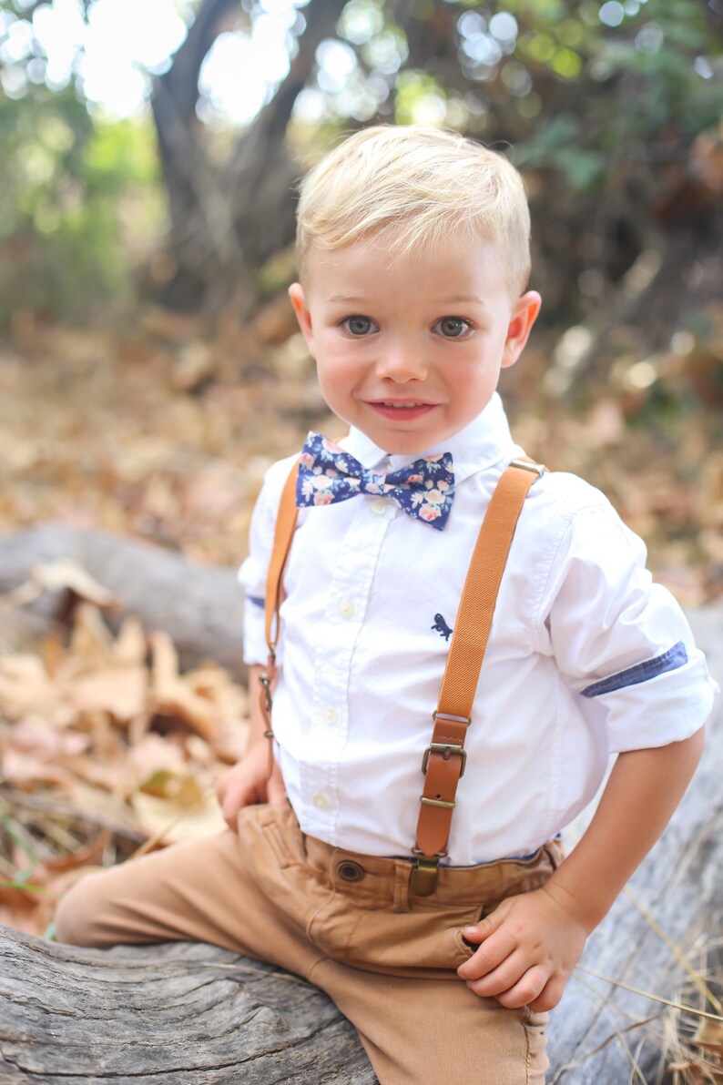 Dusty Blue Floral Bow Tie & Khaki Leather Suspenders Etsy