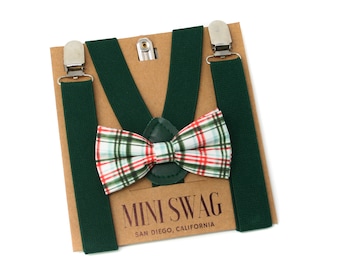 Red and Green Plaid Bow Tie & Hunter Suspenders --- Perfect for Christmas Outfit, Holiday Party, 1st Birthday, Candy Cane, Baby - Mens Size