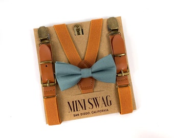 Sea Glass Bow Tie and Camel Leather Suspenders -- PERFECT for Ring Bearer Outfit, Wedding, Birdy Grey, Kennedy Blue & Morilee Deep Sea