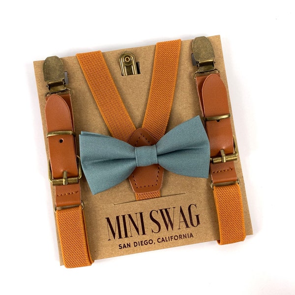 Sea Glass Bow Tie and Camel Leather Suspenders -- PERFECT for Ring Bearer Outfit, Wedding, Birdy Grey, Kennedy Blue & Morilee Deep Sea