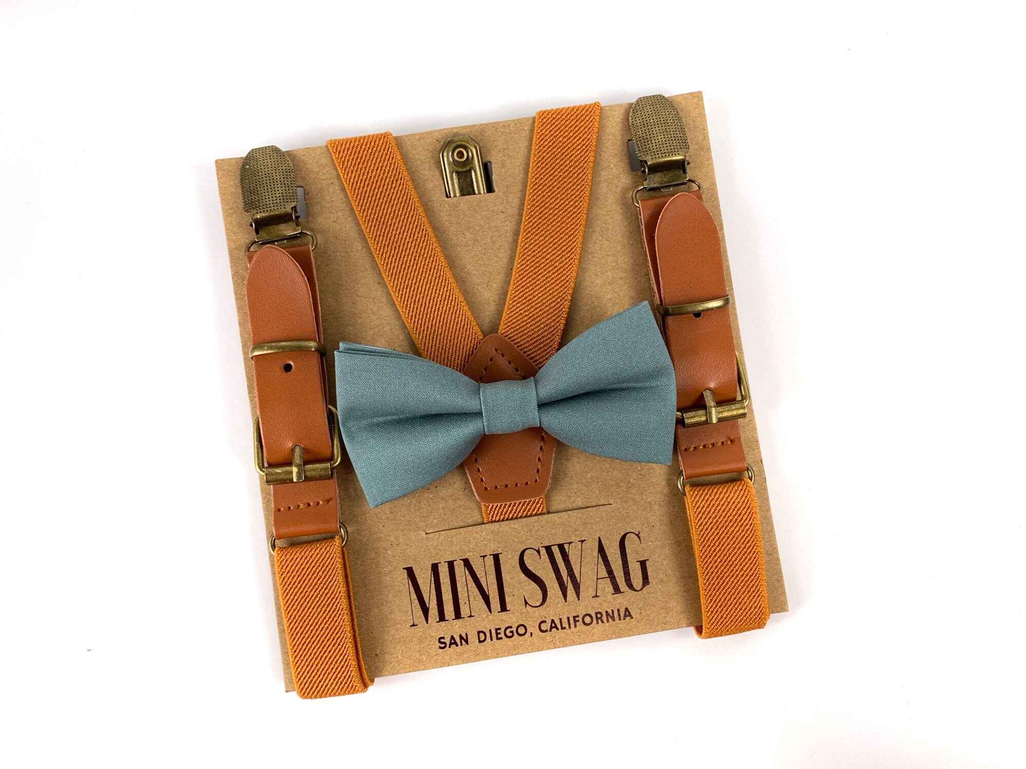 Sea Glass Bow Tie and Camel Leather Suspenders -- PERFECT for Ring Bearer Outfit, Wedding, Birdy Grey, Kennedy Blue & Morilee Deep Sea