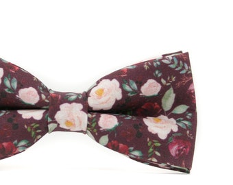 Marsala & Blush Floral Bow Tie or Necktie --- PERFECT for Groomsmen, Ring Bearer or Page Boy Outfit, Dark Burgundy Wedding Gift