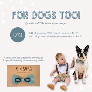 May include: An image featuring a baby and a dog, both wearing bow ties. The text "FOR DOGS TOO!" is at the top. A teal bow tie is displayed on a cardboard backing. The bow ties attach via elastic loops. The bow ties measure 4" x 2" and 4.5" x 2.5".