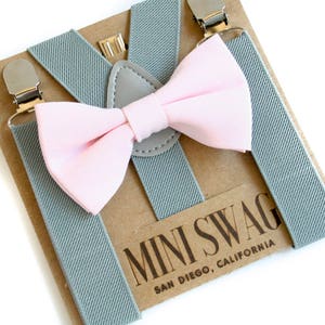 Light Pink Bow Tie & Gray SuspendersPERFECT for Ring Bearer Outfit, Boys Bow Tie and Suspenders Set, Blush Baby Bow Tie, Cake Smash Outfit image 1