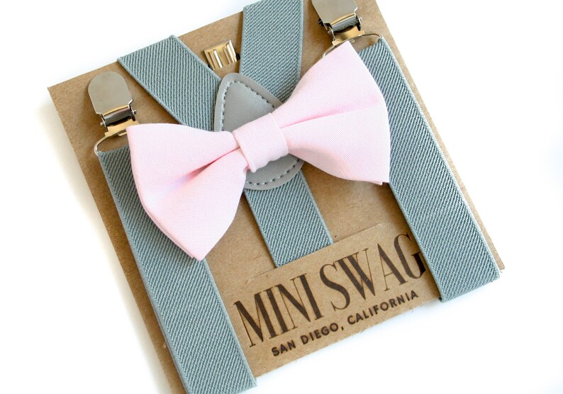 Light Pink Bow Tie & Gray SuspendersPERFECT for Ring Bearer Outfit, Boys Bow Tie and Suspenders Set, Blush Baby Bow Tie, Cake Smash Outfit image 1