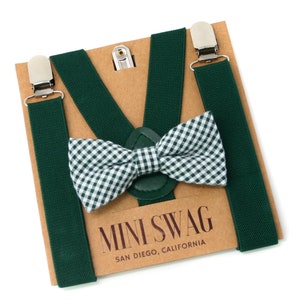 Green Gingham Bow Tie and Suspenders---PERFECT for Christmas, Ring Bearer, Page Boy Outfit, Cake Smash, BABY - MENS sizes, Juniper, Hunter