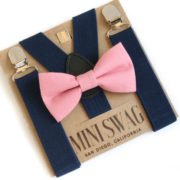 Dusty Rose Bow Tie & Navy Blue Suspenders--PERFECT for Groomsmen, Wedding, Ring Bearer or Page Boy Outfit, Boys 1st Birthday,