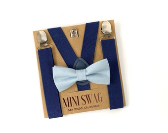 Dusty Blue Bow Tie & Navy Blue Suspenders -- PERFECT for Ring Bearer Outfit, Groomsmen, Page Boy, Cake Smash, David's Bridal, Birdy Grey