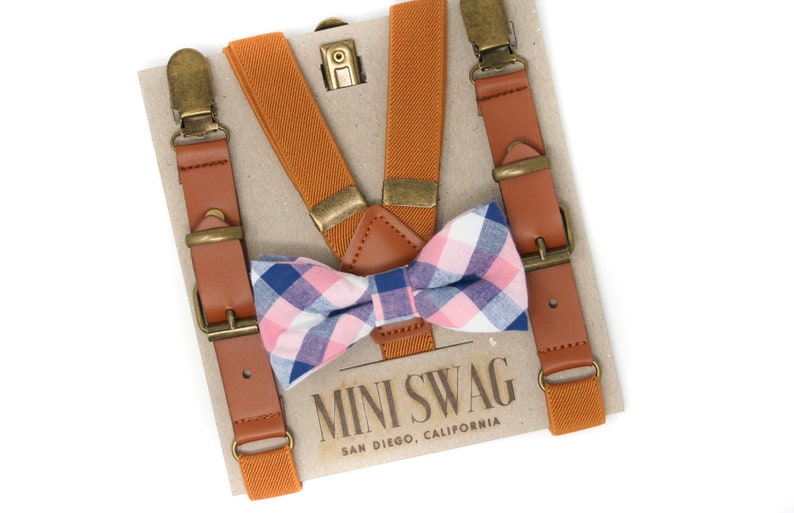 Navy Blush Plaid Bow Tie & Camel Leather Suspenders PERFECT for Cake Smash, Ring Bearer or Page Boy Outfit, 1st Birthday, Groomsmen image 1