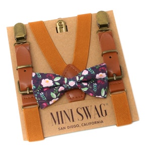 Dark Burgundy Floral Bow Tie & Camel Leather Suspenders --- PERFECT for Ring Bearer or Page Boy Outfit, Groomsmen, Fall Wedding