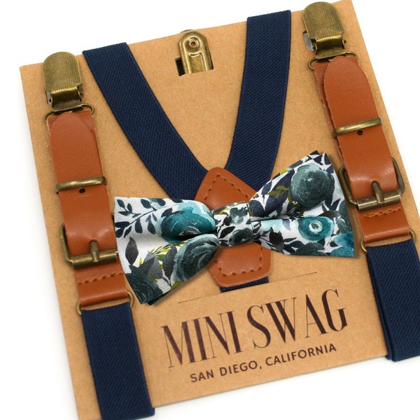 Sea Glass Floral Bow Tie & Navy Blue Leather Suspenders --- PERFECT for Groomsmen, Ring Bearer or Page Boy Outfit, Wedding, Deep Sea, Teal