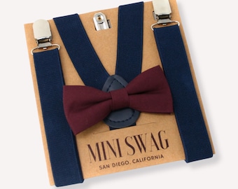 Wine Bow Tie and Navy Blue Suspenders | Groomsmen, Ring Bearer Outfit | Burgundy, Cabernet, Marsala