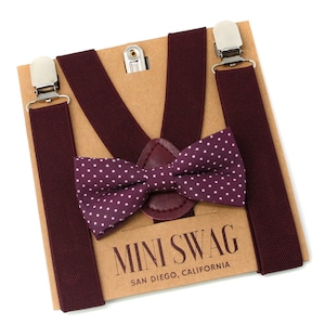 Dark Burgundy Polka Dot Bow Tie and Wine Suspenders -- PERFECT for Cake Smash, First Birthday, Ring Bearer, Page Boy Outfit, Groomsmen