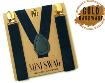 Navy Blue Suspenders with Gold Clips --- BABY-MENS Sizes, PERFECT for Ring Bearer Outfit, Page Boy, Cake Smash, Groomsmen, Braces, Wedding