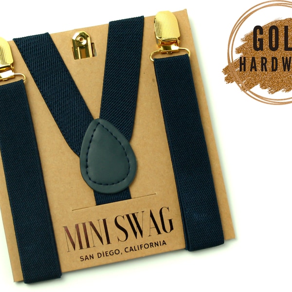 Navy Blue Suspenders with Gold Clips --- BABY-MENS Sizes, PERFECT for Ring Bearer Outfit, Page Boy, Cake Smash, Groomsmen, Braces, Wedding