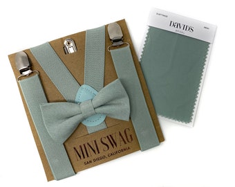 Dusty Sage Bow Tie & Suspenders -- PERFECT for Ring Bearer, Groomsmen, Wedding Outfits, Page Boy, Cake Smash, David&#39;s Bridal, Azazie Agave