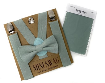 Dusty Sage Bow Tie & Suspenders -- PERFECT for Ring Bearer, Groomsmen, Wedding Outfits, Page Boy, Cake Smash, David's Bridal, Azazie Agave