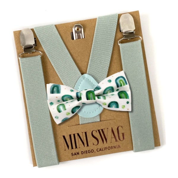 Green Rainbow Bow Tie & Dusty Sage Suspenders --- St Patrick's Day Outfit, Clover, Cake Smash, Birthday for Boys, Shamrock