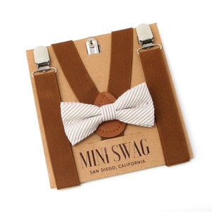 Brown Seersucker Bow Tie & Suspenders --- Perfect for Ring Bearer Outfit, Groomsmen, Cake Smash, 1st Birthday, Boys Holiday Outfit, Gift