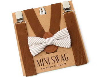 Brown Seersucker Bow Tie & Suspenders --- Perfect for Ring Bearer Outfit, Groomsmen, Cake Smash, 1st Birthday, Boys Holiday Outfit, Gift