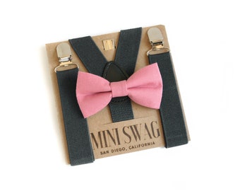 Dusty Rose Bow Tie & Dark Gray Suspenders--PERFECT for Groomsmen, Wedding, Ring Bearer or Page Boy Outfit, 1st Birthday, Cake Smash