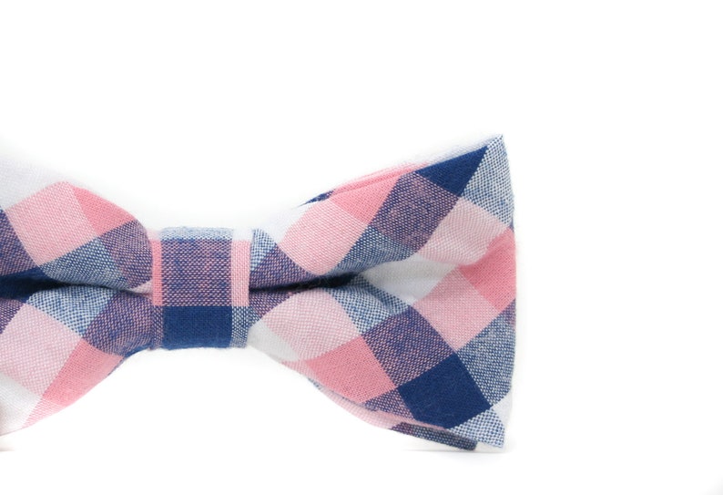 Navy Blush Plaid Bow Tie & Camel Leather Suspenders PERFECT for Cake Smash, Ring Bearer or Page Boy Outfit, 1st Birthday, Groomsmen image 2