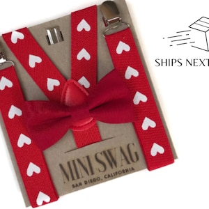 Red Bow Tie & Valentines Heart Suspenders --- PERFECT for Boys Valentines Day Outfit, Gift for Boys, Baby, Toddler, Kids