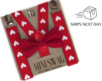 Red Bow Tie & Valentines Heart Suspenders --- PERFECT for Boys Valentines Day Outfit, Gift for Boys, Baby, Toddler, Kids