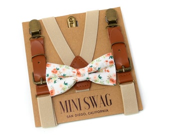 Copper Floral Bow Tie & Khaki Leather Suspenders --- PERFECT for Ring Bearer Outfit, Page Boy, Groomsmen, Fall Wedding, Burnt Orange