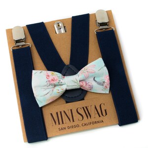 Boho Floral Bow Tie & Navy Suspenders--PERFECT for Page Boy Outfit, Ring Bearer Outfit, Boho Wedding Bow Tie Set, First Birthday Boy Outfit