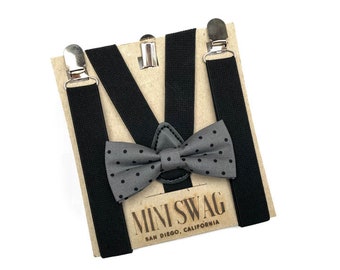 Dark Gray Polka Dot Bow Tie and Black Suspenders -- PERFECT for Cake Smash, First Birthday, Ring Bearer, Page Boy Outfit or Gift