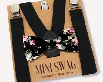 Conjunto de pajarita floral negra y rosa palo + tirantes negros para bodas (corbatas a juego disponibles).