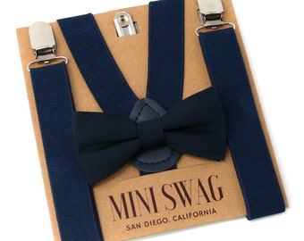 Navy Blue Bow Tie and Suspenders Set | Groomsmen, Ring Bearer Outfit | Cake Smash