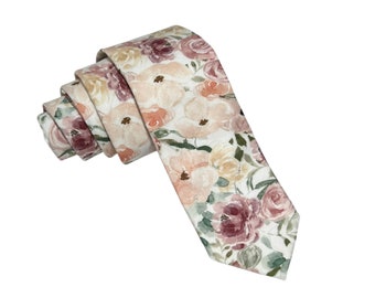 Dusty Rose and Champagne Floral Necktie, Bow Tie, or Pocket Square --- PERFECT for Groomsmen, Ring Bearer, Wedding, Quartz, Desert Rose