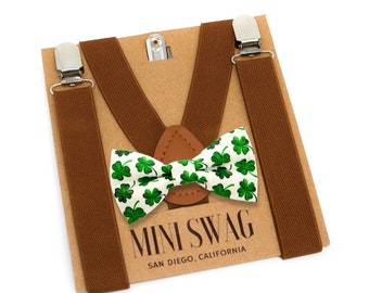 Green Shamrock Bow Tie & Brown Suspenders --- Perfect for St Patrick's Day Outfit, Clover, Cake Smash, Birthday, Ring Bearer