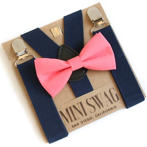 Coral Bow Tie and Navy Blue Suspenders--Perfect for Elegant Navy And Coral Wedding, Page Boy Outfit, Ring Bearer, Boys Birthday, Cake Smash