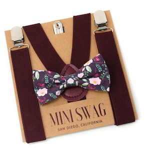 Marsala Floral Bow Tie or Necktie & Wine Suspenders Set -- PERFECT for Ring Bearer Outfit, Page Boy, Groomsmen, Wedding, Maroon, Burgundy