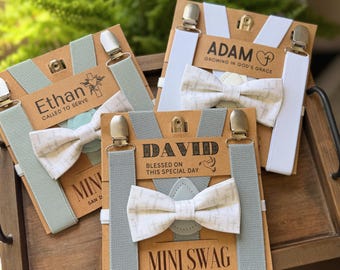 Pajarita y tirantes cristianos / Regalo personalizado para ahijado / Confirmación, Bautismo, Primera Comunión, Bautismo, Misión, Dedicación