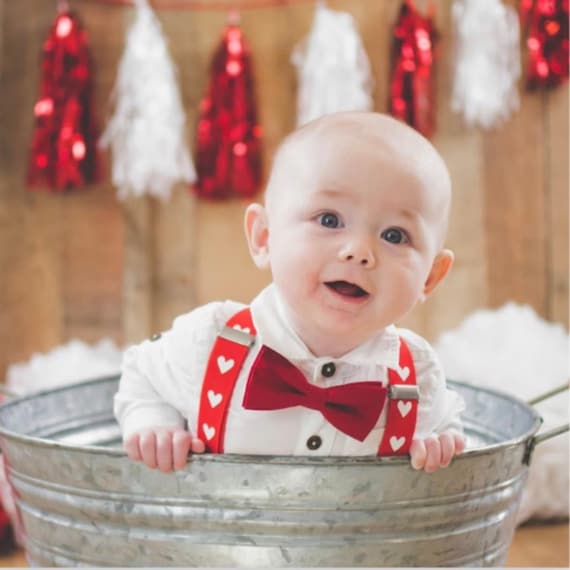 Suspenders Infant Boy Valentines Day Outfits Red Bow Tie