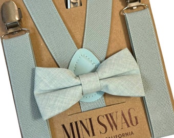 Dusty Sage Bow Tie & Suspenders - PERFECTO para portador de anillos, padrinos de boda, trajes de boda, Page Boy, Cake Smash, David's Bridal, Azazie Agave